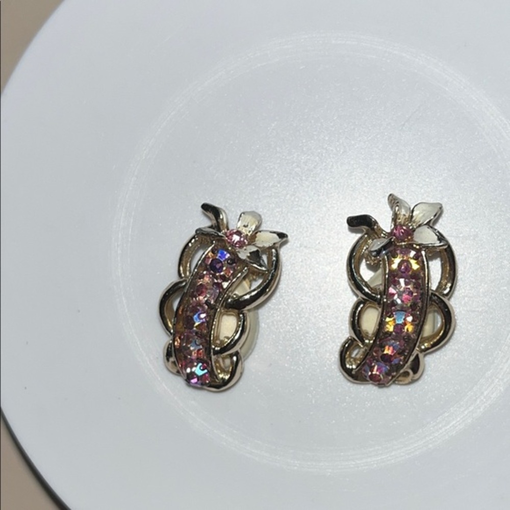 Vintage AB stones & enamel flower clip on earrings